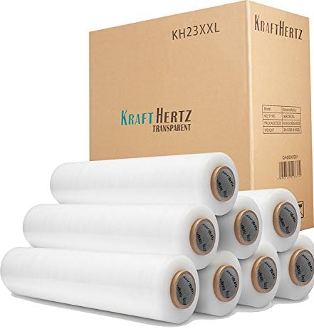 KRAFTHERTZ® stretch film premium quality rolls, 12 variants, 2 colours black and transparent, 2 lengths 200m, 300m, 3 thicknesses 17my 20my 23my Super Plus., transparent