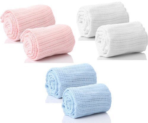 2 X Pair of 100% Pure Cotton Cellular Baby Blanket for Pram Cot Bed Moses Basket Crib in Blue Pink or White (2 x Pink)