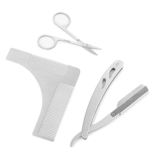 YaFex Bart Rasur Set mit Premium Edelstahl Bart Schablone Kamm, Rasiermesser und Bartschere (Bartpflege Set)