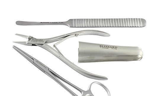 Blizzard Podiatry Nail Surgery 4-Pcs Instrument Set - Professional Chiropody Toe Nail Clipper Nipper Kit - Fickling Elevator, Spencer Wells Forcep, Tube Gauze Applicator - GERMAN Stainless CE Approved Pedicure Foot Care Tools - With FREE Nail Dresser GIFT
