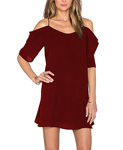 Preisvergleich Produktbild Elegant Damen Kleider ZJCTUO Schulterfrei V-Ausschnitt Party Festliches Chiffon kleider Sommerkleid(Wein,L)