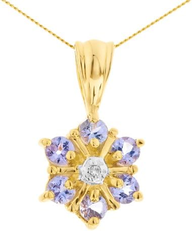 Ornami Glamour 9ct Yellow Gold Tanzanite Flower and Diamond Pendant with 46cm Curb Chain