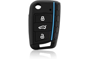 HooRLZ Vw TPU Key Fob Cover For Golf 7 Polo Tiguan T-Roc Seat Leon Cupra Ibiza Ateca Arona Skoda Octavia Superb Kodiaq, 3 Button Golf Key Protection Cover Silicone (Blue Line)