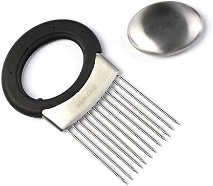 Deallink stainless steel onion holder vegetable cutter onion vegetable potato fruit tomato holder vegetable holder cutting aid with stainless steel soap