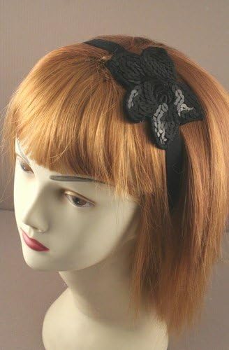 Headband - Black sequin flower on wide (2cm) black elastic stretch head band[Style 1]