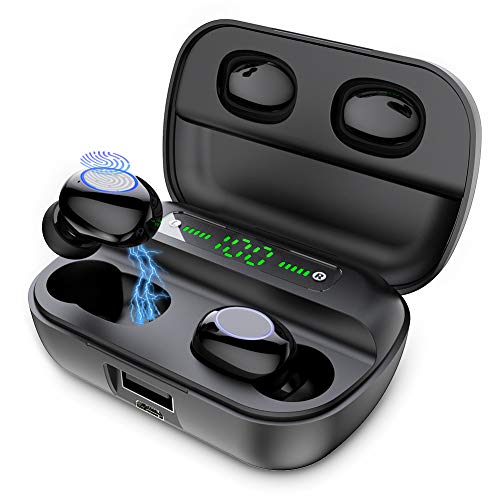 Auriculares Bluetooth Inalámbricos In-Ear Sport Bluetooth 5.0 Wireless Auriculares con Ladebox 3500 mAh 80 Horas de Tiempo de Juego IPX7 Spritzwasserfest micrófono para Fitness Workout Jogging Negro