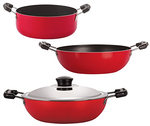 Nirlon Nonstick Heay Gauge Aluminium 3 Piece Kitchenware Combo Gift Set Offer with Lid