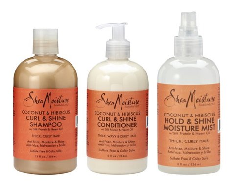 Shea Moisture Cleanse, Condition & Style Pack - Coconut & Hibiscus Curl and Shine Shampoo & Conditioner 384ml bottles & Hold and Shine Moisture Mist 236ml