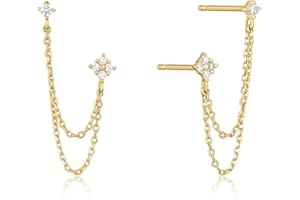 BSLVWG 4 Fourches CZ rond goujon avec boucle de chaîne boucles d'oreilles en argent sterling s925 pour les femmes filles cartilage double piercing