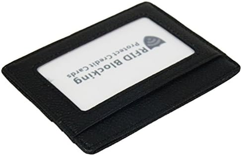 OMT Genuine Leather RFID Blocking Card Case Slots Slim Credit Card Holder Wallet (Black with Id window)