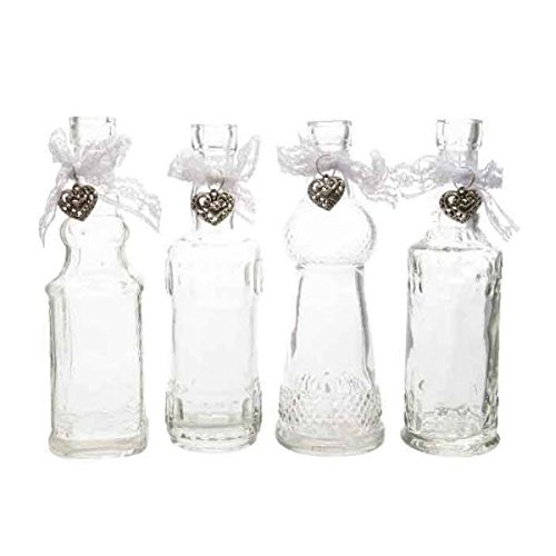 Flasche Vase Glas Glasflasche mit Spitzen und Herz aus Metall 4er Set