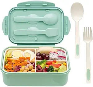 ZANIC Leak Proof 3 Compartment Lunch Box Reusable Freezer Safe Food Containers with Spoon for Adults and Kids , PP Food Grade Plastic (1100 ml (Green))