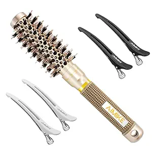 AIMIKE Round Brush, Nano Thermal Ceramic & Ionic Tech Hair Brush, Small Round Barrel Brush with Boar Bristles for Blow Drying, Styling, Curling and Shine (2 inch, Barrel 1 inch) + 4 Free Clips