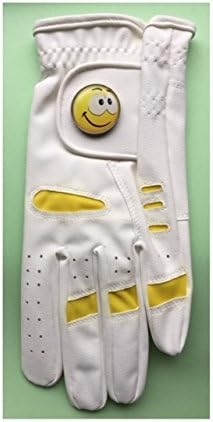 LADIES YELLOW GOLF GLOVE. SIZE MEDIUM. YELLOW SMILEY SMILE GOLF BALL MARKER.