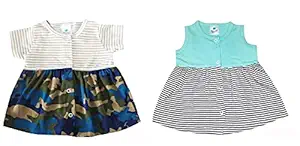 Beautiq Baby Collections Baby Girls Knee Length Frocks 0 to 3 Months Combo Pack of 2 (Earth Aqua Stripes)