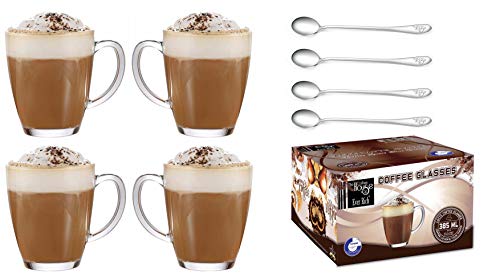EVER RICH ® Tazza da tè in vetro latte, adatta a Tassimo e Dolce Gusto) 385ML X 4 & SPOONS