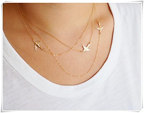 Gold Flying Birds Necklace, Three Layered Necklace