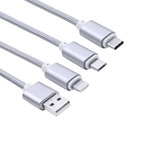 iProtect 3in1 Highspeed Ladekabel u Datenkabel aus Nylon mit USB-C, Micro USB und Apple Lightning Anschluss in Silber - 3