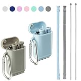 Sweethos Collapsible Straw,Reusable Silicone Drinking Straws with Cleaning Brush and Carrying Case,Food Grade Portable Straws for Kid Adult,Travel,BAP Free (2-Pack, Color Case-Blue,Grey)