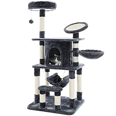 FEANDREA Songmics Arbre à chat multi niveaux panneau supérieur rond en sisal avec rebord tronc pour aiguiser les griffes niche luxueuse pour chats salle de jeux couleur grise PCT25G