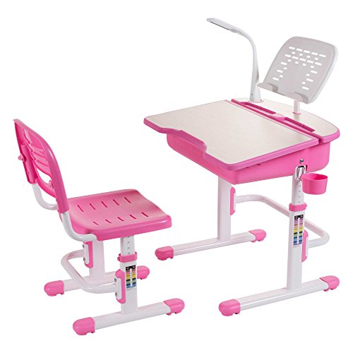Bureau d'école traditionnel réglable en hauteur pour enfants avec lampe à LED, support de livre en acier, chaise et coussin de siège Tiger GRATUIT - ChaCha (Rose)