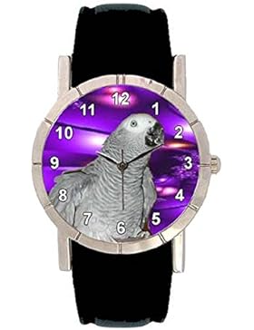 Grau Papagei Motiv Damenuhr mit Lederarmband