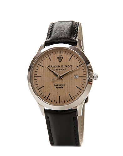 Grand Pinot Herren-Armbanduhr HERITAGE-AUTOMATIC (42 mm) Silber/Barriquefass mit schwarzem Lederarmband Grand Pinot Herren-Armbanduhr HERITAGE-AUTOMATIC (42 mm) Silber/Barriquefass mit schwarzem Lederarmband