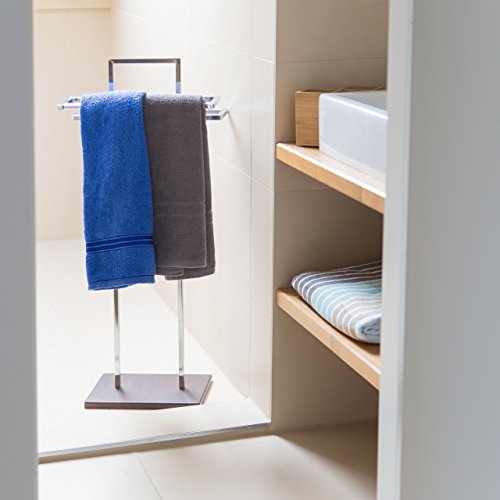 Relaxdays Handtuchständer HBT: ca. 87 x 37,5 x 24 cm freistehender Handtuchhalter in Edelstahl-Optik und Holz Bodenplatte mit 2 Handtuchstangen für Badetücher auch als Kleiderständer, schwarz / silber - 2