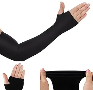 PinKit Synthetic 1 Pair Unisex Fingerless Fully Stretched Skinny Fit Arm Sleeves Sun Protection (Black, Free Size)