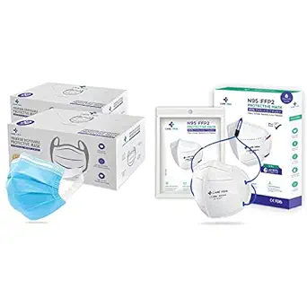 Careview 3 Ply Disposable Surgical Face Mask Box with FABRIC Earloop (BLUE), Unisex, Without Valve & Careview Non-Woven Fabric CV1221H Head Loop Style N-95 Reuseable Protective Face Mask