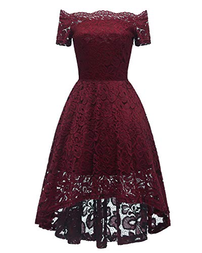 Bright Deer Robe de Cocktail Mariage Femme Mi-Longue de Sirène Col en Bateau Romantique Festonné en Dentelle avec Manche Courte Epaule Nu 44 46 XL Rouge