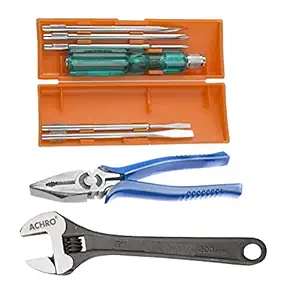 ACHRO 908 Universal Tool Kit Set for Home/Garage/Car/Bike/Industry (Set of 8 pcs Tool kit) Contains 6 Pcs Screwdriver Set + 8 inch Combination Plier + 8 inch Adjustable Spanner (Multi)