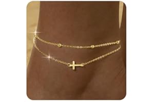 ZHESHY 2 Stück Fußkettchen Gold Silber für Damen 18k Gold Perlen Mehrreihige Fußkettchen mit Kreuz Herz CZ Plättchen Verstellbare Wasserfest Sommer Strand Schmuck Fußkette Set für Damen und Mädchen