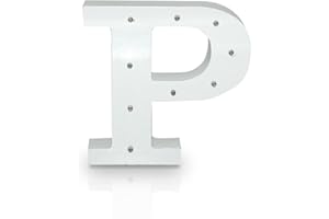 K AKTUAL Letra P en Madera Blanca Iluminada con 10 Luces LED - Decoración e Iluminación de Escaparates o Espacios - Ideal para Apoyar o Colgar - Funciona con Pilas AAA - Altura 15 cm - Aktual