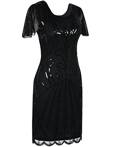 Kayamiya 1920er Jahre Flapper Kleider mit Ärmeln Pailletten Art Deco Cocktail Gatsby Kleid 36-38 Schwarz - 2