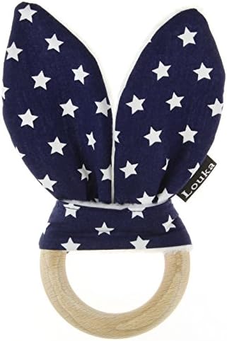 Louka Teether (Rabbit Ears with) – Beech Wood and Fabric. Unisex Baby Name – Handmade.