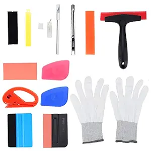 ESUMIC 14PCS Car Window Tint Film Tool Kit Vehicle Vinyl Wrap Tool Including Felt Squeegee with Spare Fabric Felts, Film Scrapers, Vinyl Cutter, Utility Knife, Carving Knife and Blades, Gloves