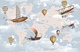 Carte du monde avion ballon feu 3d papier peint de dessin animé murale pour bébé chambre d'enfant 3d mur de mur décoration murale 3D autocollant de dessin animé-350X250CM