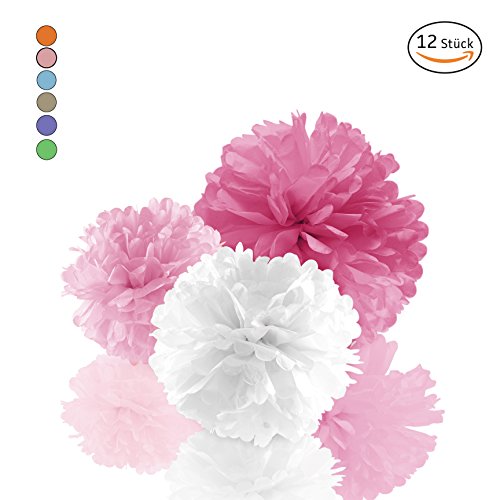 Amazy Seidenpapier Pom Poms (12er Set) – Wunderschöne Seiden Deko-Kugeln zum Aufhängen (Rosa)