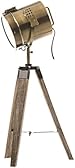 Lampe projecteur design vintage et r&eacute;tro en m&eacute;tal style cuivre et tr&eacute;pied en bois.
