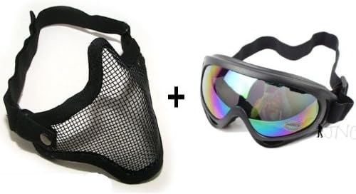 2 in 1 Tactical Military Metal Mesh Mask + Protection Goggles Shooting Airsoft