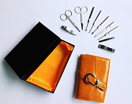 DE'LANCI 10pcs Luxury/Deluxe Stylish Nail Care Personal Manicure & Pedicure Set Manicure Travel & Grooming Set Kit Nail Clipper (Yellow)