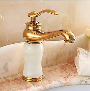 Techzere Brass White Onyx Marble Single Lever Basin Mixer Faucet with 2 Braided Connection Pipes 450mm Gold, Brass Material 8 Inches