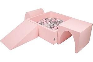KiddyMoon Aire De Jeux en Mousse avec Carré Piscine À Balles (200 Balles) Fosses À Boules pour Enfants Jouets Parcours Obstacles, Fabriqué en UE, Rose:Perle/Gris/Transparent/Rose Poudré