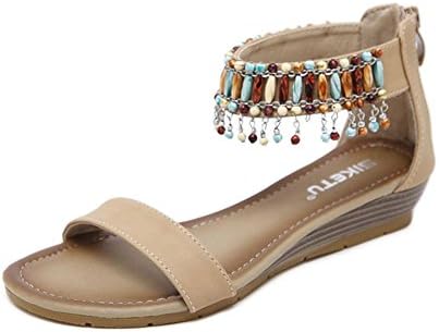 WYWQ New Ethnic Beaded Female Sandals Roman Style Large Size 35-42 Wedge Comfortable Back Zip Ankle Trip With Black Apricot Sky Blue , apricot , 37