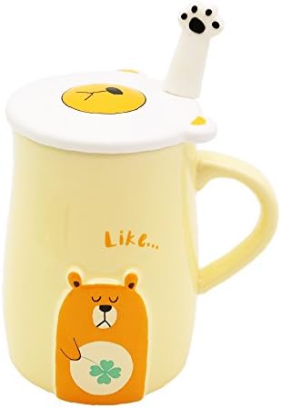BITEYI Lovely Bear Ceramic Mug Cup Gifts,Cute Embossed Coffee Tea Milk Cups with Handle Lids and Spoon,Suitable Present for Friends and Family,460ml (Yellow)