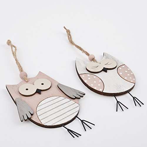 Eulen 2er Set Deko Anhänger Holz 12x9x1cm natur rosa Dekogirlande - 3
