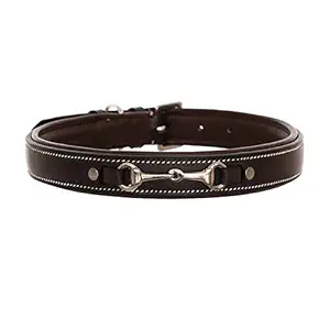 ExionPro Silver Snaffle Padded Genuine Leather Heavy Duty Dog Collar - Adjustable for Small Medium Large X-Large Male Female Dogs for Walking Running Training - Black with Brown Padding