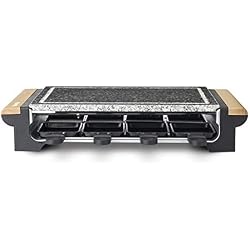 H.Koenig Pierre à cuire 2 en 1 avec Appareil à raclette 8 personnes RP328 design en bois, Grill Multifonction Pierre granit amovible, Accessoires 8 poêles antiadhésifs, Cuisson Fromage Viande Légumes