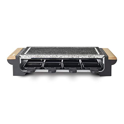 H.Koenig Pierre à cuire 2 en 1 avec Appareil à raclette 8 personnes RP328 design en bois, Grill Multifonction Pierre granit amovible, Accessoires 8 poêles antiadhésifs, Cuisson Fromage Viande Légumes